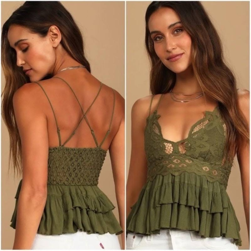 Free People Olive Green Lace Peplum Top